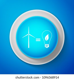 White Wind turbine and light bulb with leaves as idea of eco-friendly source of energy icon isolated on blue background. Circle blue button with white line. Vector Illustration