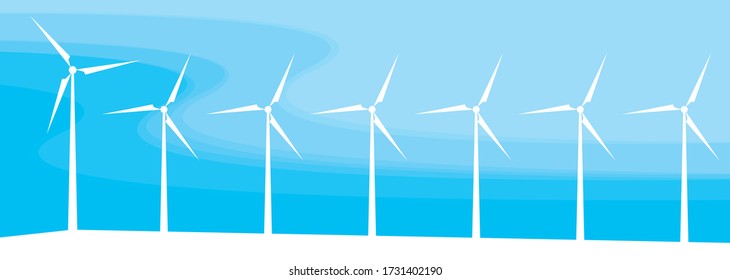 White wind turbines on a blue background. Blue sky. Beautiful landscape, plain. Concept of renewable energy sources. Vector illustration.