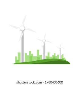 White wind turbines on the hill to generate electricity from the wind with green city flat icon vector. concept alternative energy and clean energy.