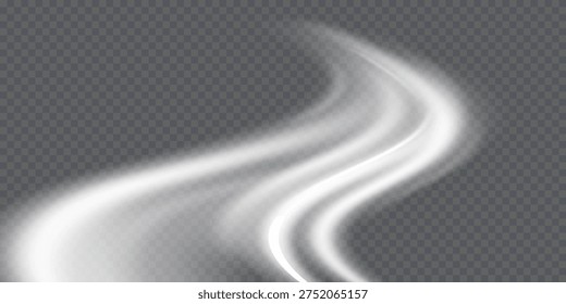 White wind waves effect. Abstract light motion trails with sparkles isolated on black background. Light blue Twirl. Curve light effect of blue line. Luminous blue circle.