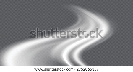 White wind waves effect. Abstract light motion trails with sparkles isolated on black background. Light blue Twirl. Curve light effect of blue line. Luminous blue circle.