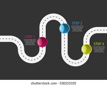 White Winding Road with colorful button pin-pointer on a dark background. Vector EPS 10