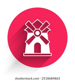 White Windmill icon isolated with long shadow background. Red circle button. Vector