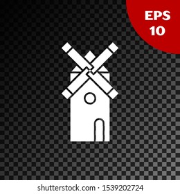 White Windmill icon isolated on transparent dark background.  Vector Illustration