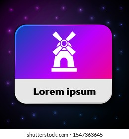 White Windmill icon isolated on black background. Rectangle color button. Vector Illustration