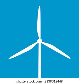 White windmill on blue background. Simple wind turbine design.	