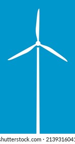 Molino blanco de viento de fondo azul. Diseño sencillo de turbinas eólicas.