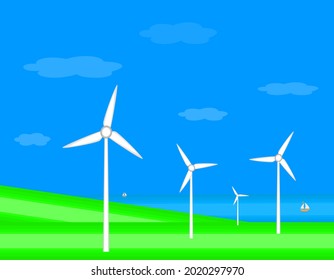 white windmill On the green grassy slopes, the sky is cloudy, there is a small sailboat in the sea, Vector.