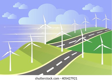 White windmills on green fields, sea coast, blue sky, grey road, vector