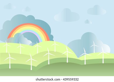 White windmills on green fields, blue sky, rainbow background, vector