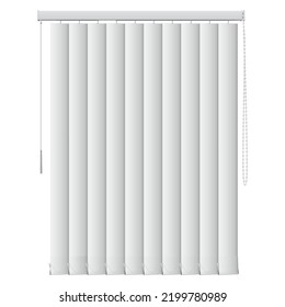 White window blinds vertical textile curtains realistic vector illustration. Sunshine room shadow home office interior closed jalousie indoor decoration. Privacy apartment protection design