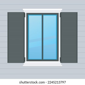 Ventana blanca con persianas grises oscuras contra una pared de madera gris, EPS 10