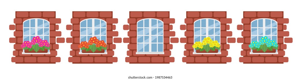 White window with flowers on the windowsill, Fragment of a brick wall with a window set, Vector objects isolated, Cartoon
