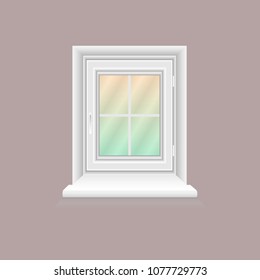 White window frame on lilac wall. Closed realistic vector window element for architecture and interior design. Vector illustration, EPS10.