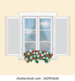 white window with shutters and flowers on beige wall background