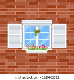 White window with shutters on red brick wall. Colorful blooming flowers in a planters. Home garden concept in flat style, exterior view. Vector illustration.
