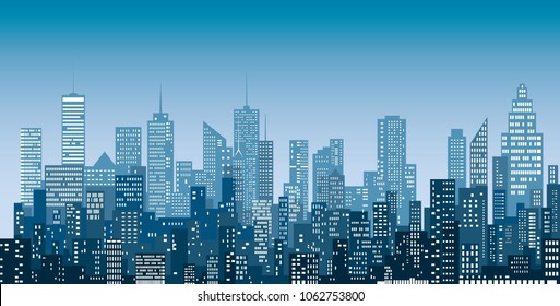 white windows abstract city skylines, blue color cityscape background, editable and layered	