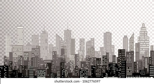 white windows abstract city skylines, gray color cityscape background, editable and layered