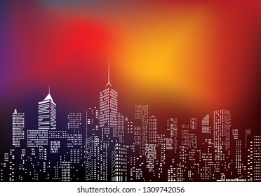 white windows of abstract city skylines on color blurry background