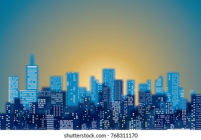 white windows on blue city skylines, blurry sunrise cityscape background, editable and layered
