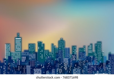 white windows on blue city skylines, blurry color cityscape background, editable and layered