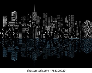 white windows on city skylines with reflection on water waves, cityscape background, editable and layered	
