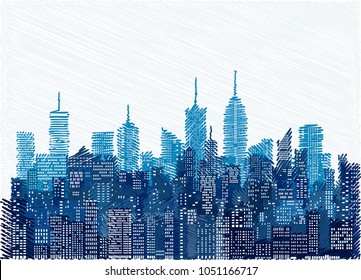 white windows on hand drawn city skylines, blue color cityscape background, editable and layered