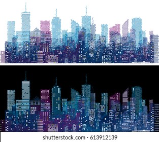 white windows on hand drawn city skylines, blue color doodle sketch cityscape background, editable and layered