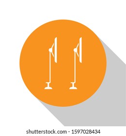 White Windscreen wiper icon isolated on white background. Orange circle button. Vector Illustration