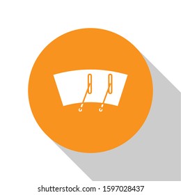 White Windscreen wiper icon isolated on white background. Orange circle button. Vector Illustration
