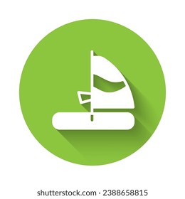 White Windsurfing icon isolated with long shadow background. Green circle button. Vector