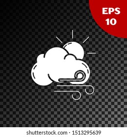 White Windy weather icon isolated on transparent dark background. Sun with cloud and wind.  Vector Illustration
