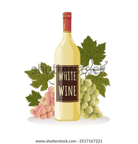 White wine Blanc bottle vector illustration with bunch of grapes and leaves isolated on white background green colourful detailed label poster card web bar menu cellar still life Alcohol drink glass