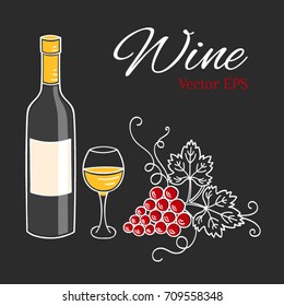 White wine bottle, glass and grapes vector illustration isolated on chalkboard background, hand drawn doodle sketch. 