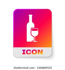 White Wine bottle with wine glass icon isolated on white background. Rectangle color button. Vector Illustration