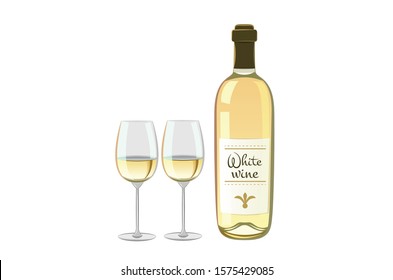 White Wine bottle with wine glass isolated on white background  Vector illustration