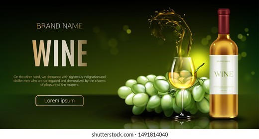 White wine bottle, glass with splash and bunch of grapes mockup banner. Closed flask and wineglass mock up, alcohol vine drink on green background, ad promo banner . Realistic 3d vector illustration