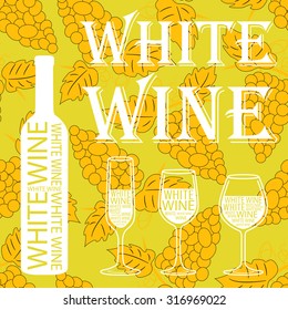 White wine with white bottle and glasses. grape pattern on a yellow background