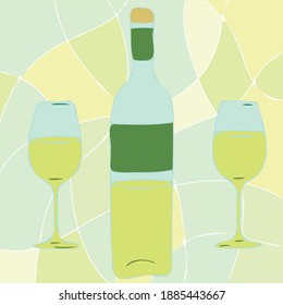 White wine bottle and glasses in stained glass style - hand drawn vector illustration