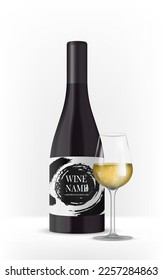 White wine bottle with label isolated on white background. Black bottle, made in a realistic style. Realistic 3d wine glass with yellow liquid. Product mock up for branding. Vector illustration.