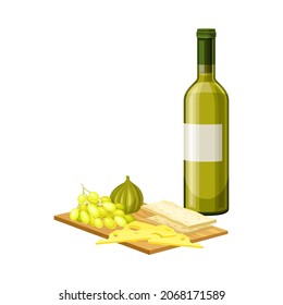 White Wine in Bottle Served with Cheese and Fig on Wooden Board Vector Illustration