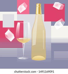 White wine bottle, transparent glass, ice - abstract background with geometric shapes - vector.