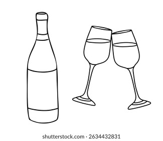 White Wine Bottle and two clinking Glasses set. Hand drawn black and white Vector illustration, line art. Alcohol Drink in Doodle style. For Bar menu, logo, cards or poster design.