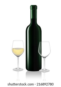 White wine bottle and two wine glass on white background. Vector illustration