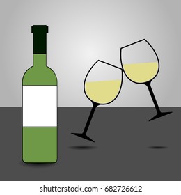 White Wine Bottle and Two Glasses Clinking Vector - Cheers!