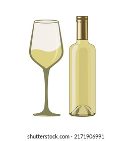 White wine bottle and wineglass, flat style vector illustration isolated on white background