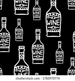 White wine bottles isolated on black background. Monochrome seamless pattern. Vector flat graphic hand drawn illustration. Texture.