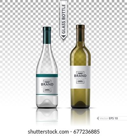 White wine and brandy or liquor bottles isolated on transparent background. Vector 3d detailed mock up set illustration