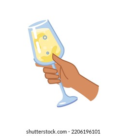 White wine with bubbles in high wineglass, sommelier or bartender in bar or restaurant with alcohol drink in hand. Vector gourmet winery product, man or woman hold glass of champagne