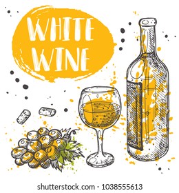 White wine concept design. Sketch style winemaking products. Glass vintage bottle. Ink hand drawn vector illustration. Can be used for menu, shop, farmers market, restaurant, cafe, bar, poster, banner